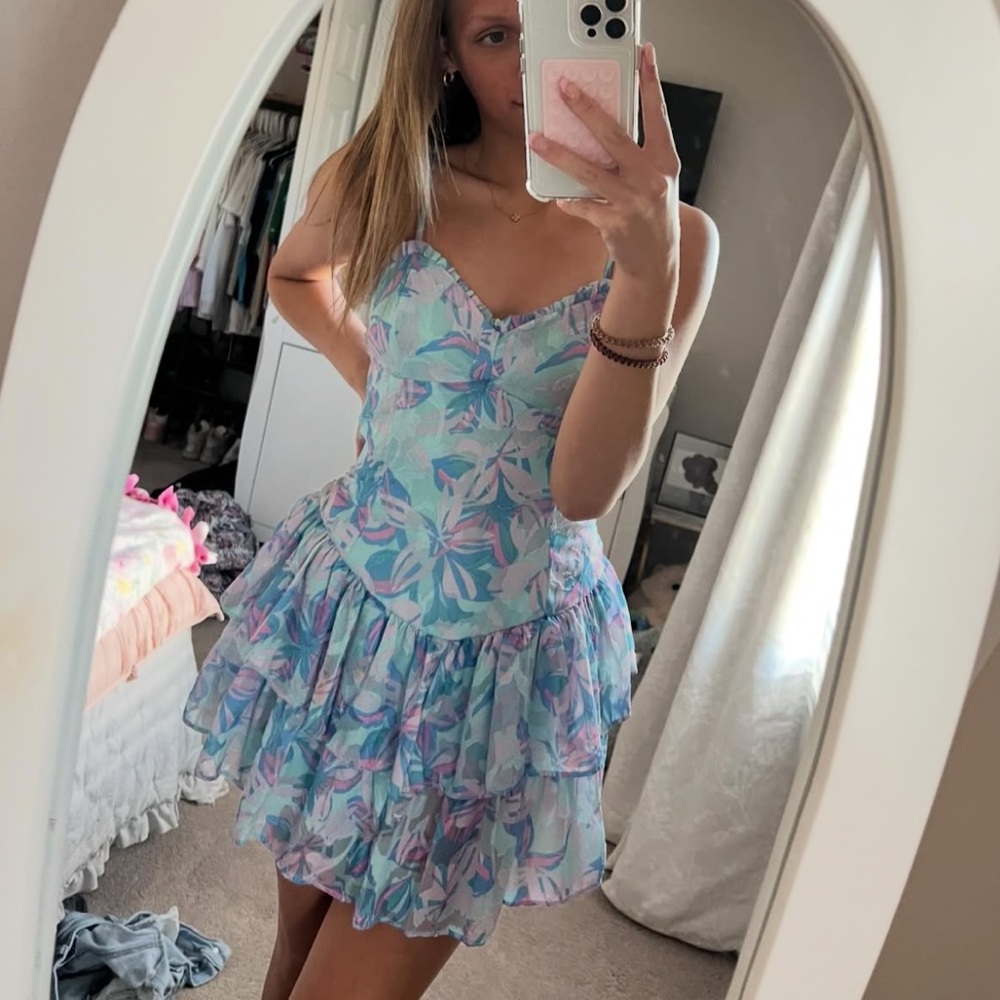 Floral Blue and Purple Ruffle Dress